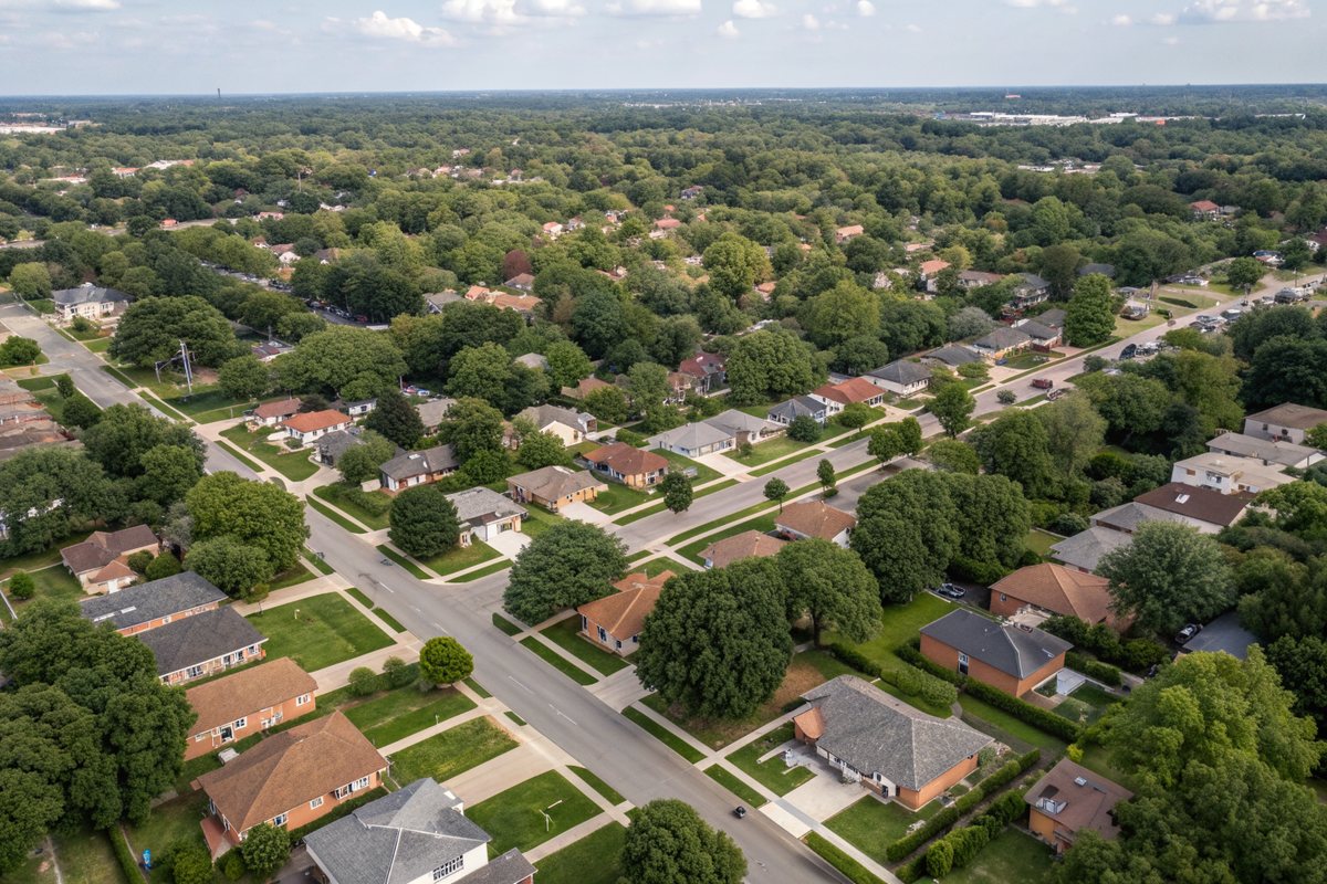 Aerial view of a dense grid of tree-lined streets of small brick houses