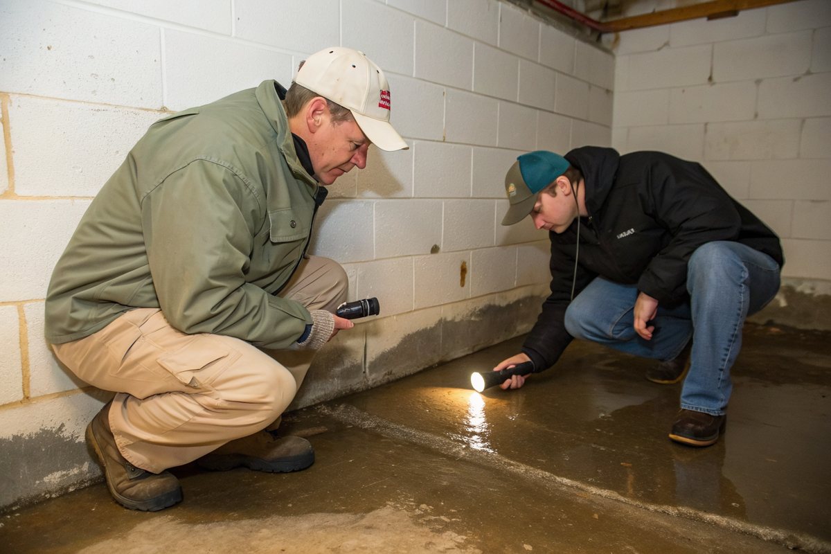 Two people crouching with a flashlight to look at a damp crack at the base of a block basement wall