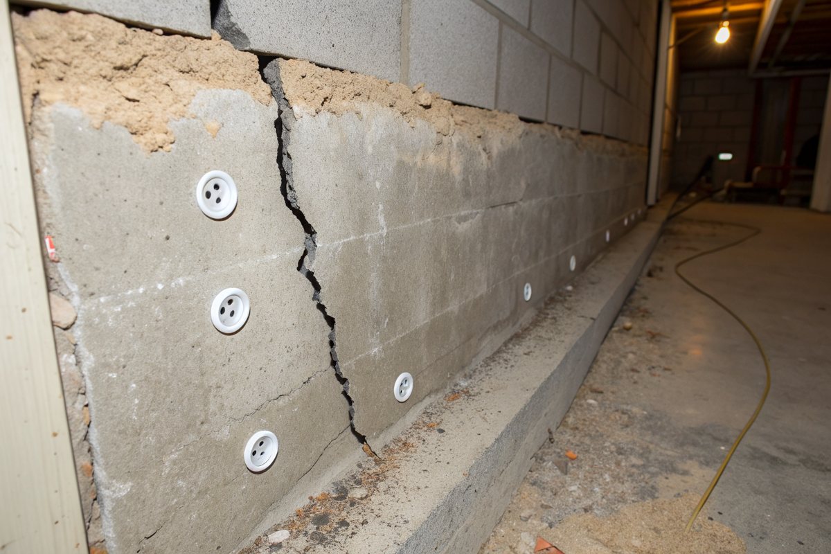 A diagonal crack in a poured basement wall with small white injection ports set along it