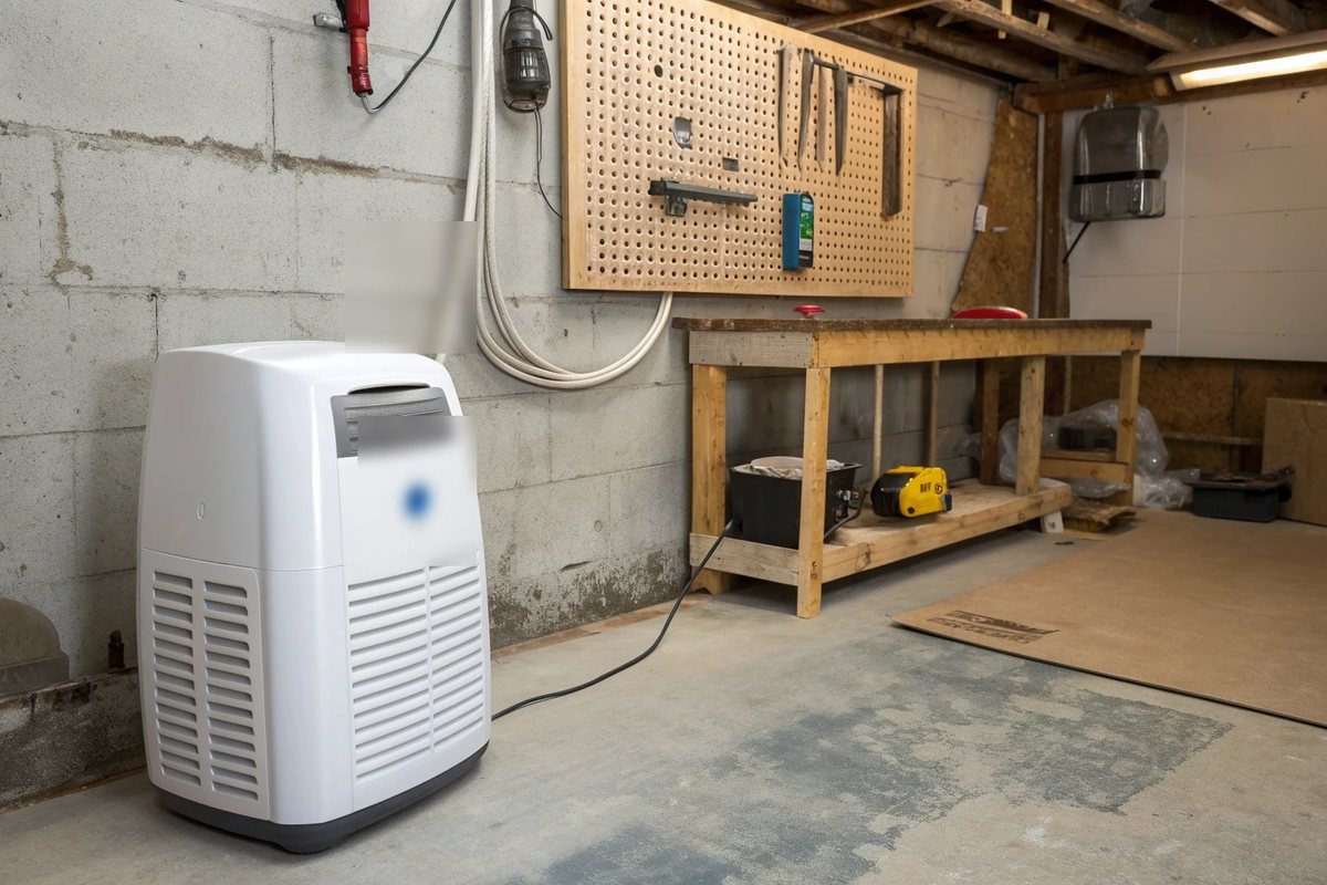 A white dehumidifier beside a workbench and pegboard in an older unfinished basement