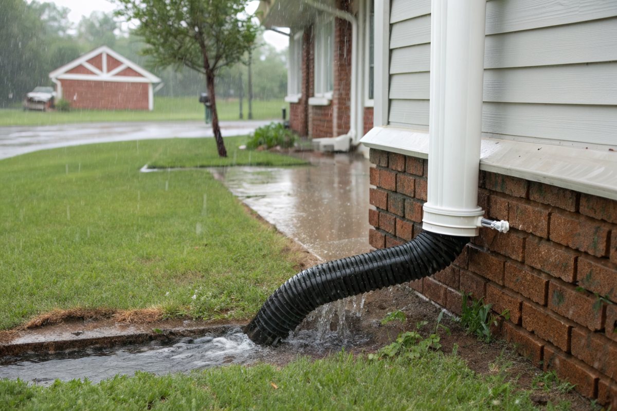 A downspout extension carrying rainwater across a lawn away from a brick bungalow foundation