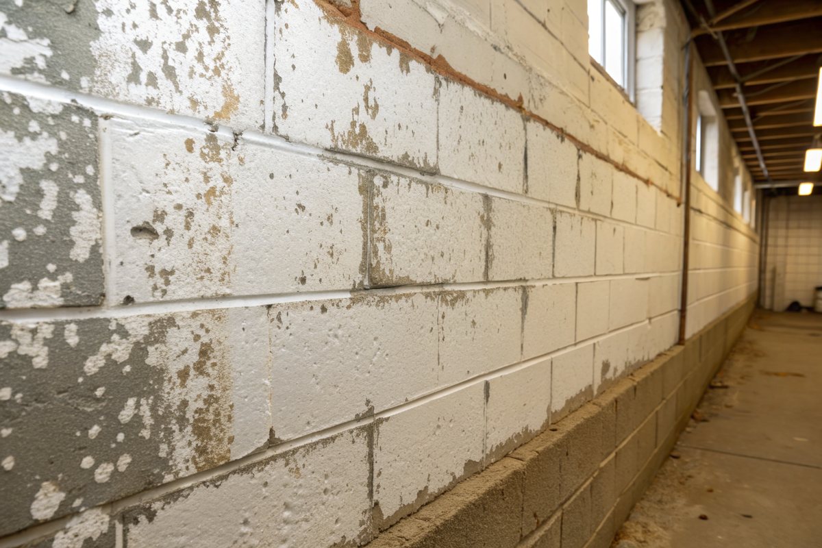 White efflorescence and peeling paint along the lower courses of a block basement wall