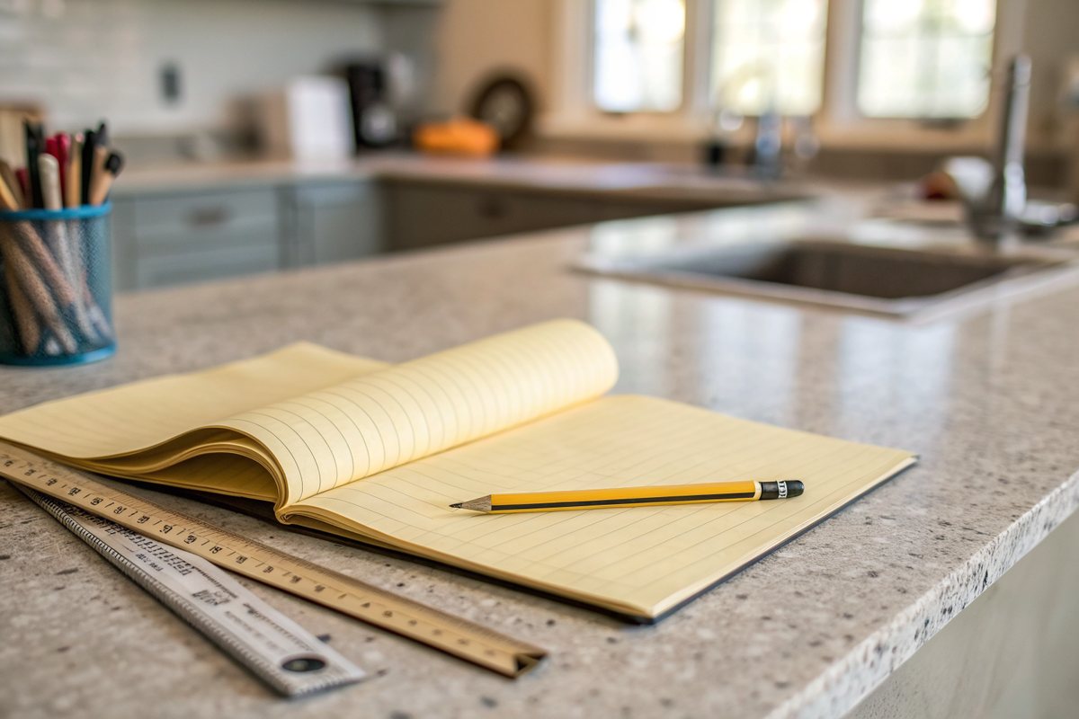A blank yellow legal pad, a pencil and a folding rule on a kitchen counter