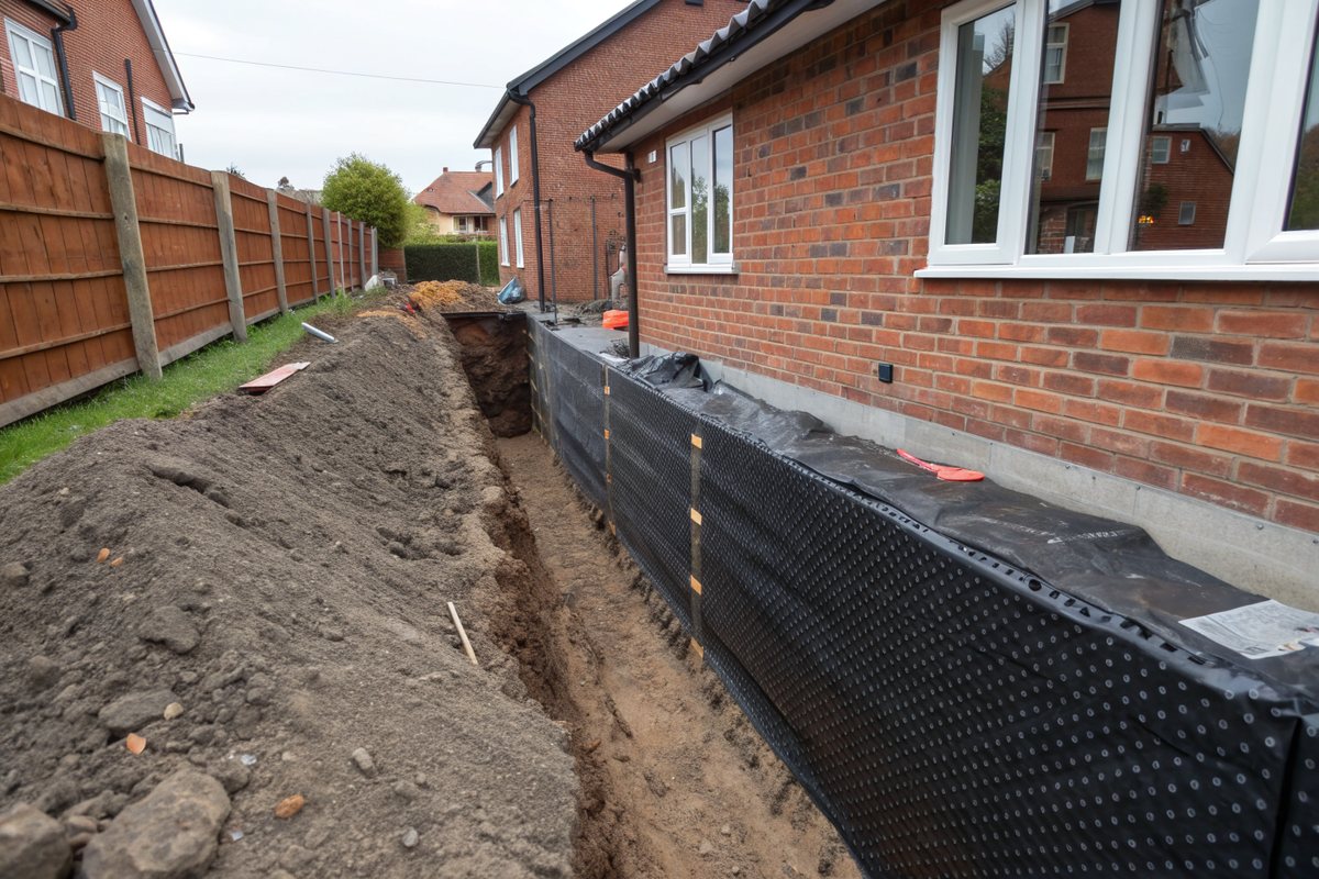 An open trench beside a brick bungalow foundation coated in black waterproofing and drainage board