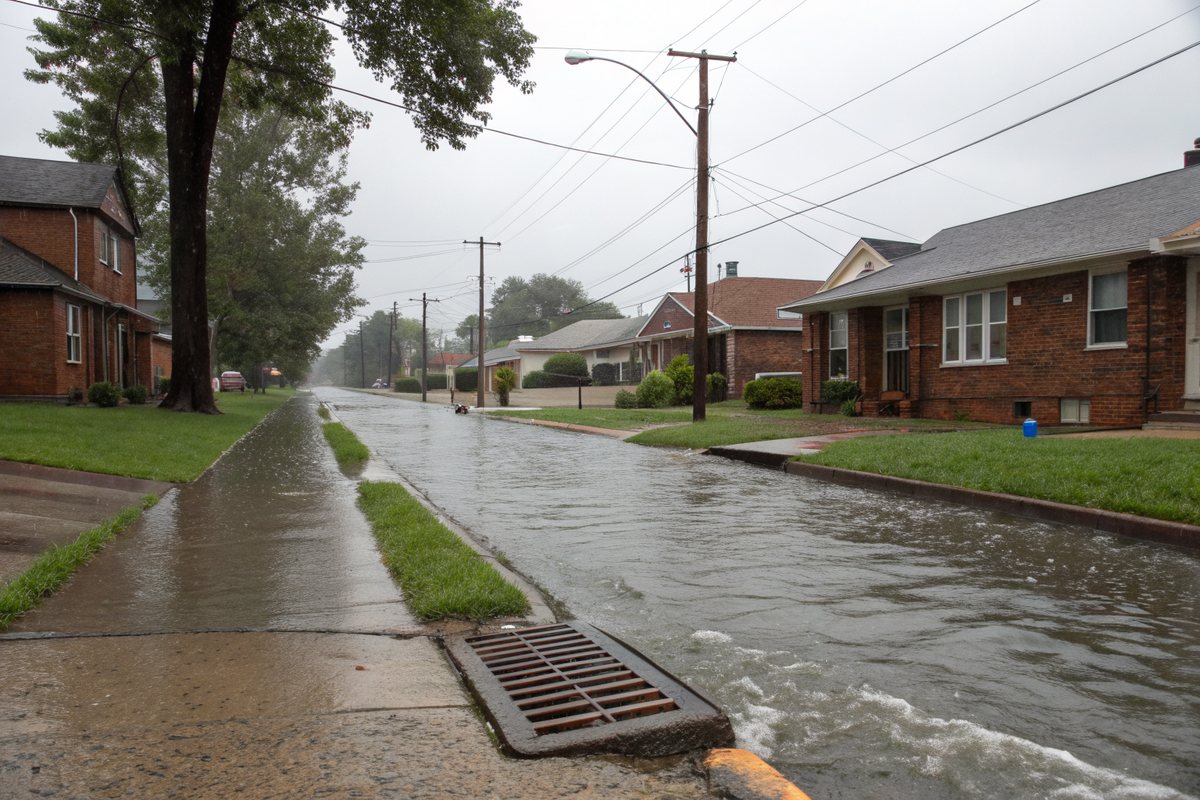 Rain pooling along the curb over a storm drain on a street of brick bungalows