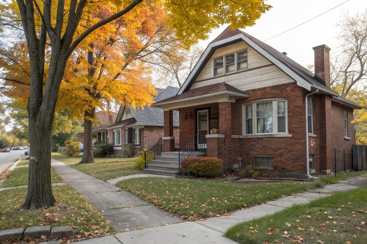 A 1920s brick bungalow with a gabled front porch and glass-block basement windows on a tree-lined street in autumn
