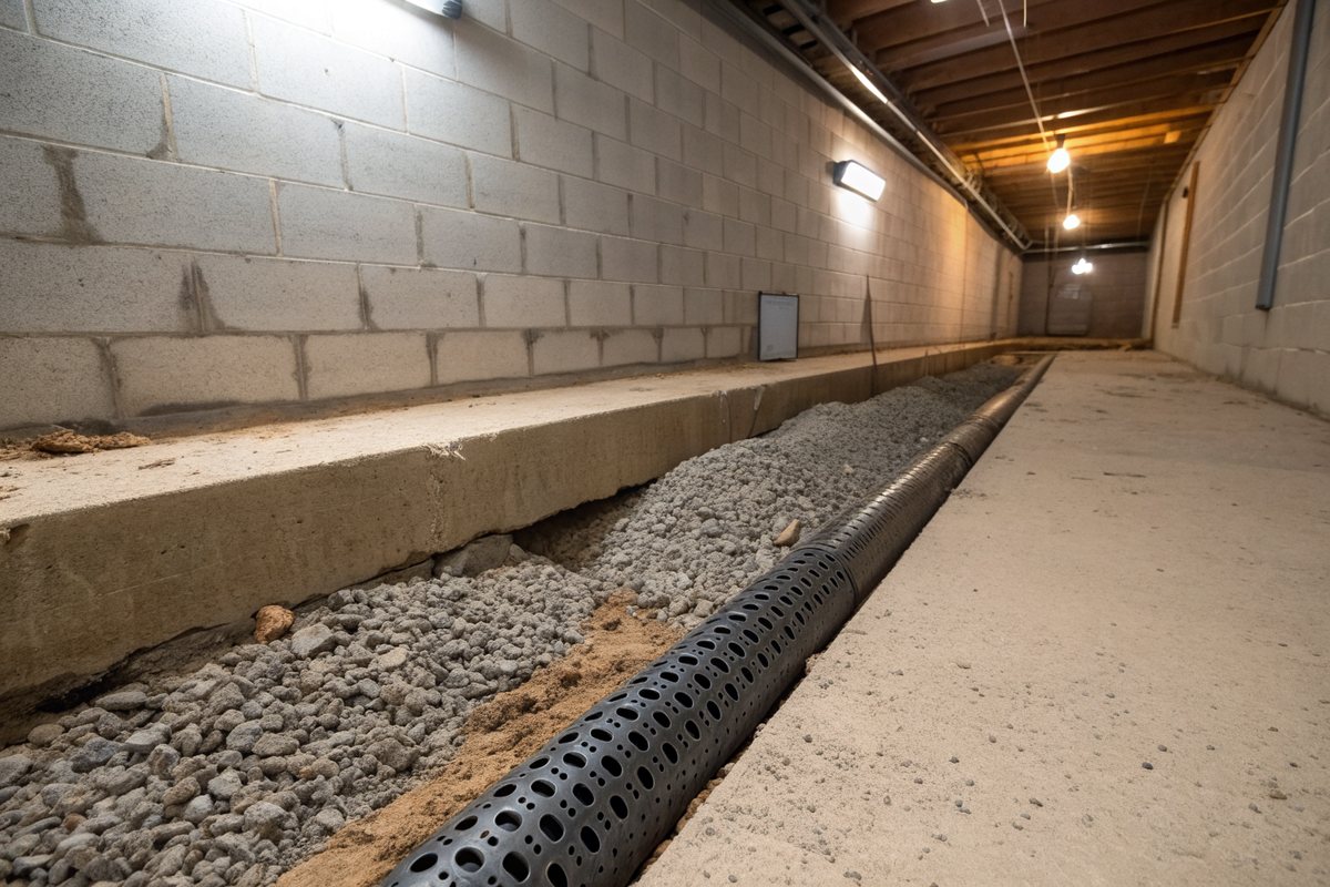 A channel cut into a basement floor along a block wall, holding gravel and a black perforated drain pipe