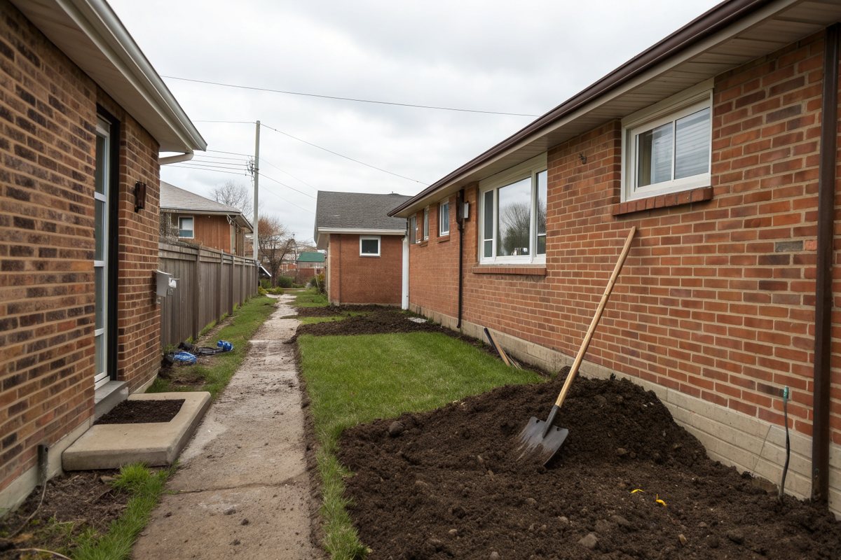 A narrow side yard between brick houses regraded with fresh soil sloping away from the foundation