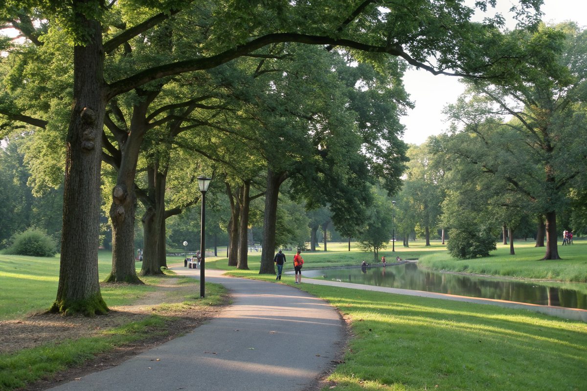 A paved path under tall oak trees beside a small pond in a city park