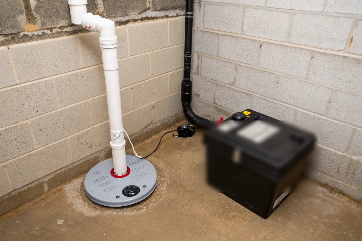A covered sump basin with a white discharge pipe and a backup battery box in a basement corner