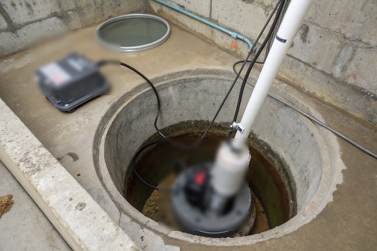 Looking down into a round sump pit with a submersible pump and a white discharge pipe