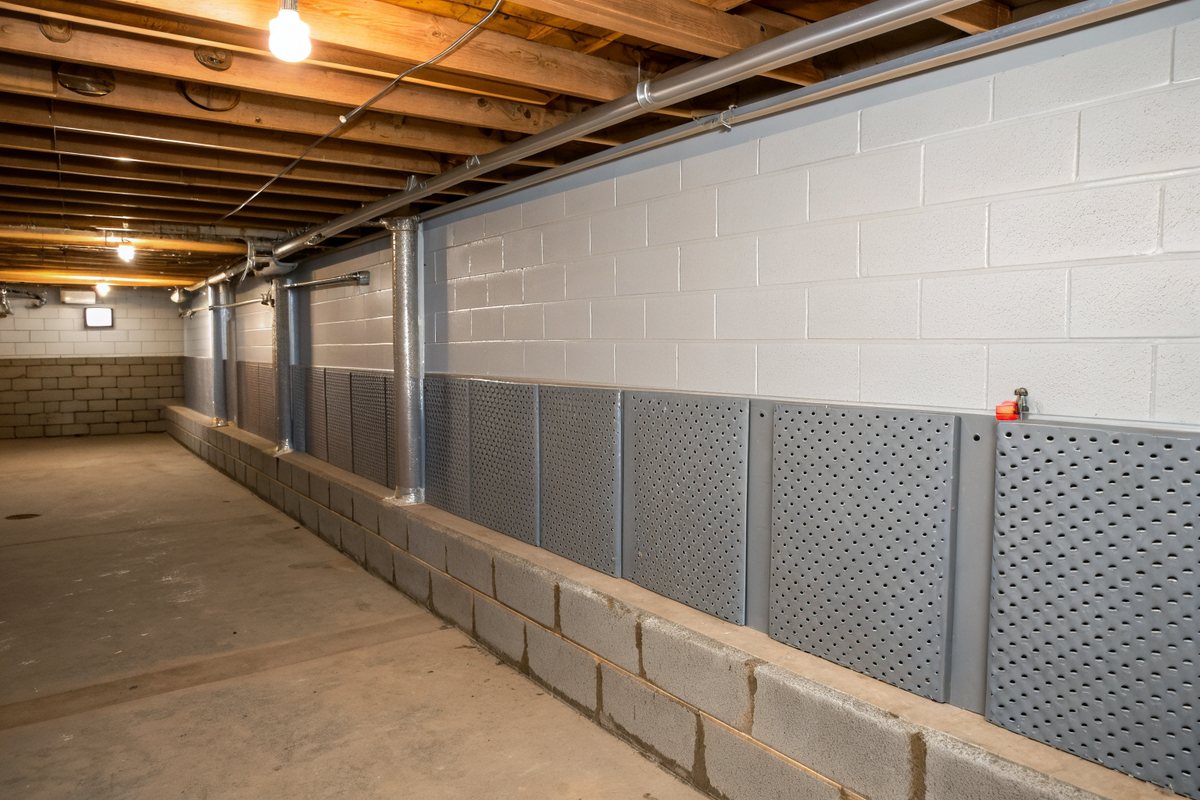 Dimpled drainage membrane panels fastened along the lower part of a block basement wall
