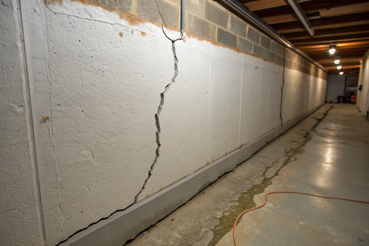 A vertical crack running down a poured concrete basement wall