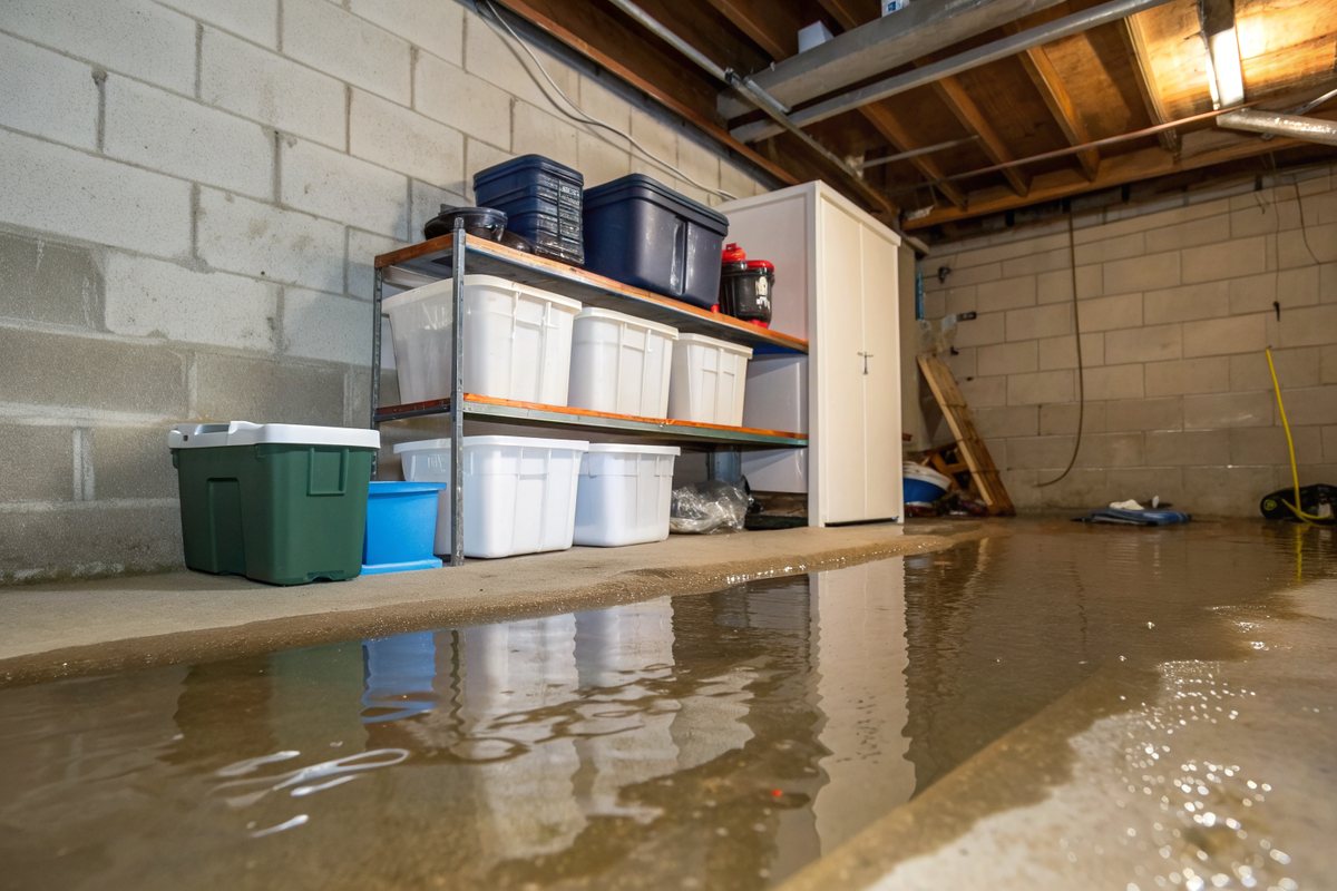 Shallow water spreading from a floor drain across an unfinished basement floor, with bins lifted onto a shelf