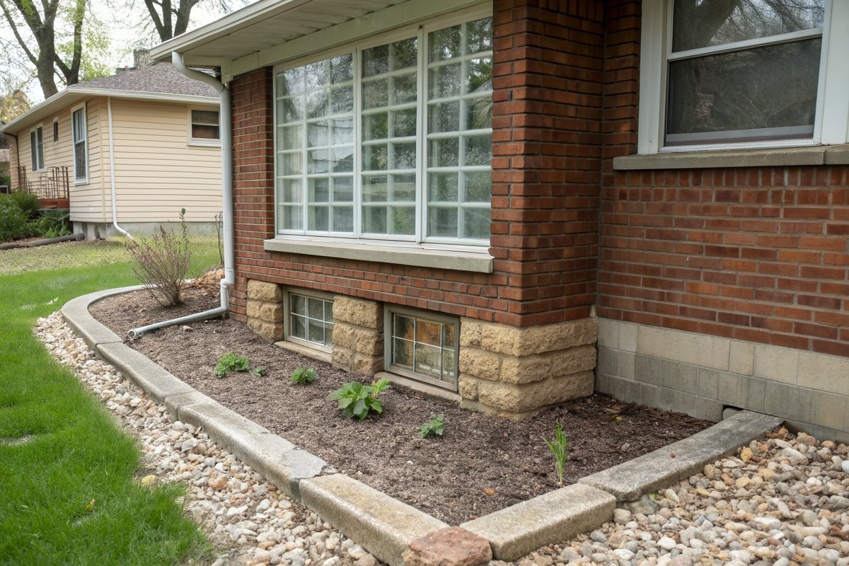 A small glass-block basement window low in the brick foundation of a 1920s bungalow